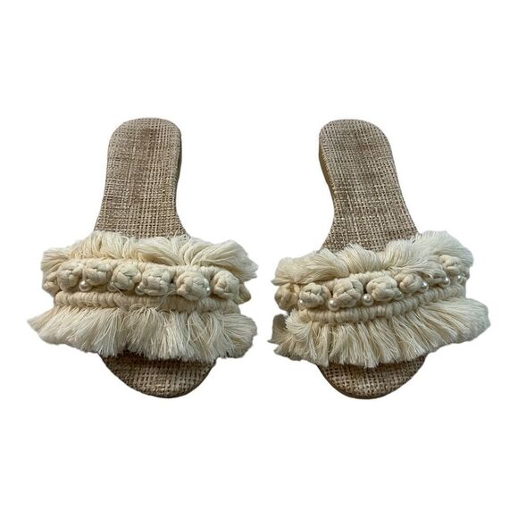 WOMEN Sandals Beige Macrame slippers Cotton knot Trassel Strap withPurse SIZE 8. - Picture 3 of 16